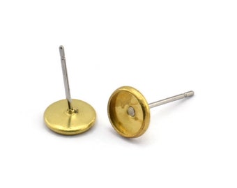Poste de acero para pendientes, 50 postes de acero inoxidable para pendientes con almohadilla de latón crudo (6 mm), pendientes tipo botón Brc263