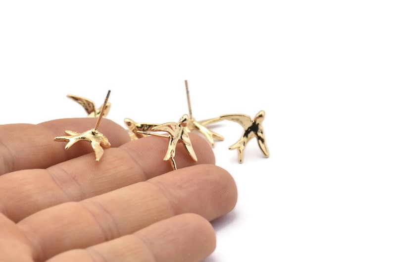 Gold Bird Earring 4 Gold Plated Brass Bird Stud Earrings N1202 16x18mm