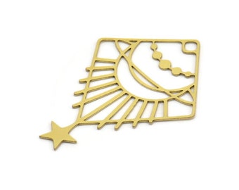 Brass Moon Charm, 6 Raw Brass Crescent Moon And Star Shaped Charms With 1 Hole, Charm Findings (51x36x0.60mm) A4570