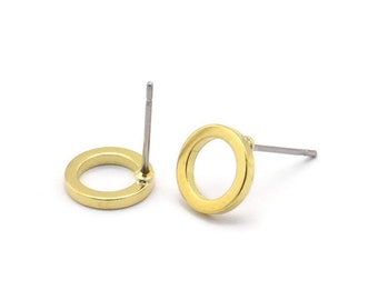 Brass Circle Earring, 10 Raw Brass Circle Stud Earrings (9x1.5mm) D0547 A2041