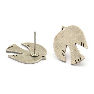 Silver Bird Earring, 4 Antique Silver Plated Brass Bird Stud Earrings (18x14x0.80mm) A2719 Y098