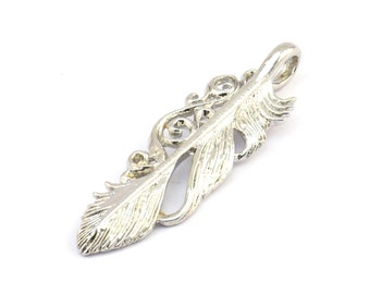 Silver Feather Pendant, 1 Silver Tone Feather Charm, Feather Pendants (46x14mm) N0185