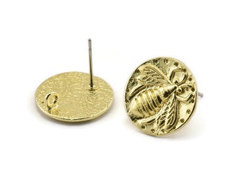 Brass Bee Earring, 4 Raw Brass Bee Stud Earrings (16mm) N1401