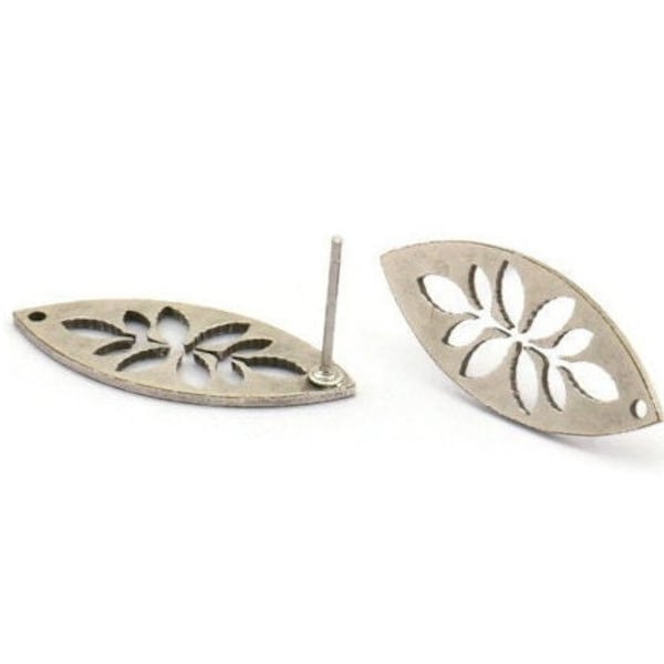 Silver Marquise Earring, 8 Antique Silver Plated Brass Leaf Patterned Marquise Shaped Stud Earrings With 1 Hole (24x10x0.80mm) A6216 A2812