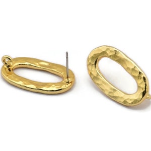 Gold Oval Earring, 2 Hammered Gold Plated Brass Oval Stud Earrings With 1 Loop (26x14x2mm) N1705
