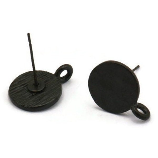 Black Earring Posts, 12 Oxidized Black Plated Brass Round Earring Stud, Earring Charms With 1 Loop (9mm) N0803
