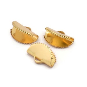 Gold Ribbon Crimp, 12 Gold Plated Brass Ribbon Crimp Ends With 1 Loop, Findings (13x8mm) D1164 Q0880