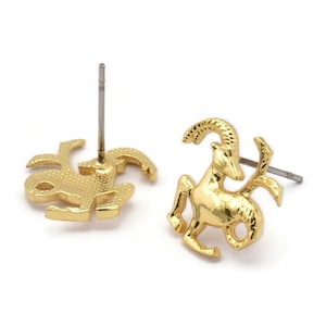 Gold Capricorn Earring, 4 Gold Plated Brass Capricorn Sign Stud Earrings, Zodiac Earring Findings, Zodiac Sign Jewelries 14x12mm SY0287 image 1