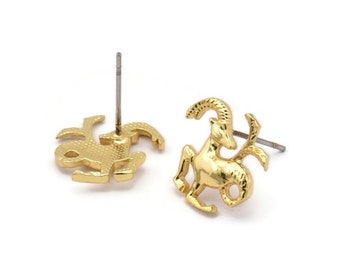 Gold Capricorn Earring, 4 Gold Plated Brass Capricorn Sign Stud Earrings, Zodiac Earring Findings, Zodiac Sign Jewelries (14x12mm) SY0287