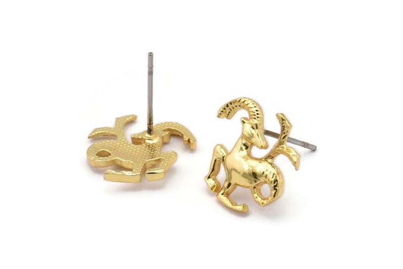 Gold Capricorn Earring, 4 Gold Plated Brass Capricorn Sign Stud Earrings, Zodiac Earring Findings, Zodiac Sign Jewelries 14x12mm SY0287 image 1