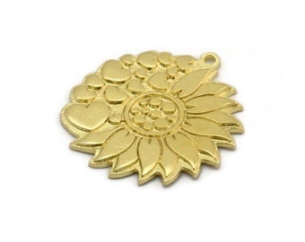 Brass Flower Charm, Raw Brass Flower And Hearts Charm With 1 Loop, Findings (29.5x27x1.5mm) N2257