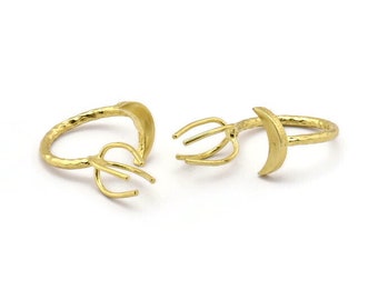 Brass Moon Ring, 4 Raw Brass 4 Claw Ring For Natural Stones N1026