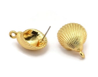 Gold Shell Earring, 2 Gold Plated Brass Sea Shell Stud Earrings With 1 Loop, Findings (22x16mm) N0943