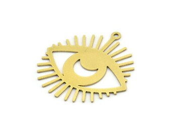 Brass Eye Charm, 6 Raw Brass Crescent Moon Patterned Eye Shaped Charms With 1 Loop (31x30x0.60mm) A3492