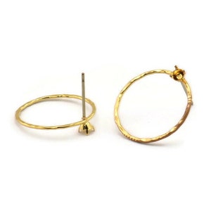 Gold Round Earring, 2 Gold Plated Brass Hammered Round Earring Posts With 1 Pad, Pendants, Findings (19x0.8mm) E366