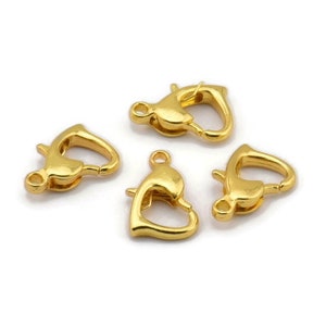 Gold Heart Clasp, 24 Gold Tone Brass Heart Lobster Clasps, Findings (10x7mm) A1026