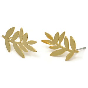 Gold Leaf Earring, 4 Gold Plated Brass Leaf Stud Earrings (22x14x0.60mm) A3013