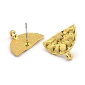 Gold Earring Posts, 2 Gold Plated Brass Semi Circle Moon Phases Shaped Earrings Stud With 1 Loop, Half Moon Studs (17x12x1.5mm) N1858