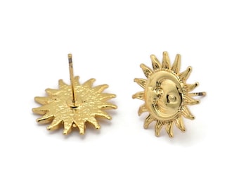 Pendiente Sol Dorado, 2 Pendientes Sol de Latón Chapado en Oro (17 mm) N1527
