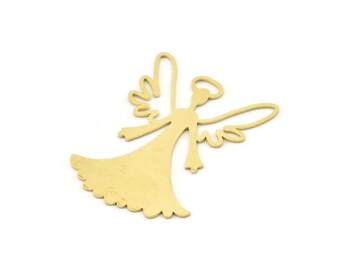 May include: A golden-colored angel-shaped ornament. The angel has outstretched wings, a halo, and a flowing gown with a scalloped hem. The design is simple and elegant, suitable for various decorative purposes.