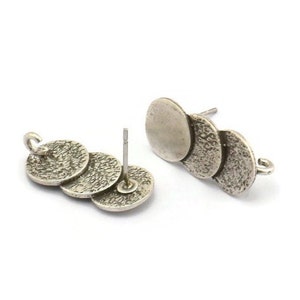 Silver Round Earring, 2 Antique Silver Plated Brass Circle Stud Earrings With 1 Loop (21x10mm) N1782