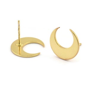 Gold Moon Earring, 4 Gold Brass Crescent Moon Stud Earrings (14x5x0.80mm) D1296 A1319 Q1105