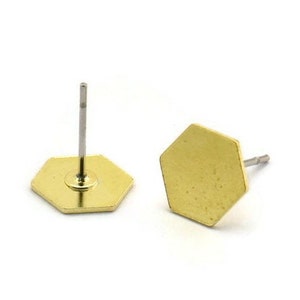 Brass Hexagon Earring, 8 Raw Brass Hexagon Shaped Stud Earrings (9x0.60mm) A6090