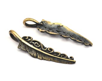 Bronze Feather Pendant , Oxidized Bronze Feather Charms, Necklace Findings 46x11mm) S567