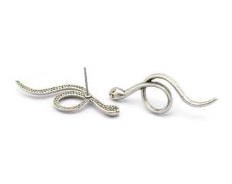 Silver Snake Earring, 4 Antique Silver Plated Brass Snake Stud Earrings (38x13x2mm) N1593