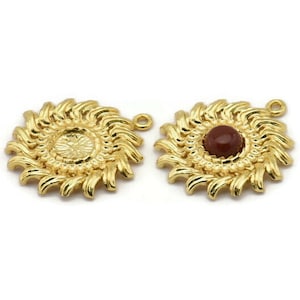 Gold Sunflower Charm, Gold Plated Brass Flower Charm Earrings With 1 Loop, Pendants, Earrings (25mm) N0808 Q0812