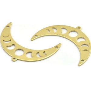 Brass Moon Charm, 10 Raw Brass Moon Phases Charms With 1 Loop And 2 Holes (36x12x0.80mm) M01449