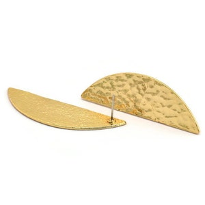 Gold Half Moon, 2 Hammered Gold Plated Brass Semi Circle Stud Earrings (51x16x1mm) N1024