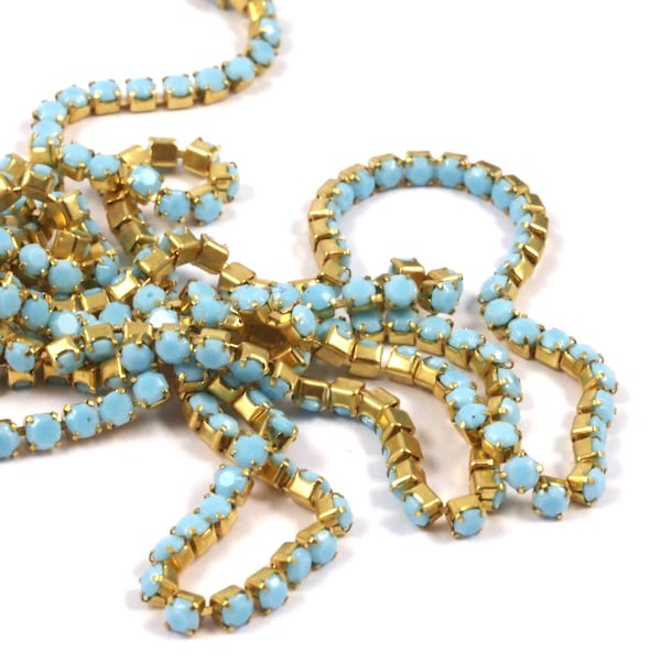 Turquoise Rhinestone Chain, 3 Feet  (2.5mm) Turquoise Glass Rhinestone Chain With Brass Frame Rh219  Z124