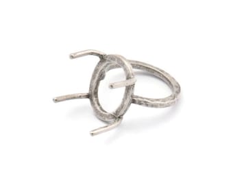 Claw Ring Blank, 2 Antique Silver Plated Brass Oval Ring Settings With 4 Claws, Ring Blanks N0106-16