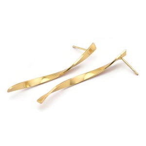 Gold Twisted Earring, 4 Gold Plated Brass Twisted Stick Stud Earrings (50x3x0.80mm) N0692