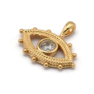 Brass Eye Charm, 4 Raw Brass Eye Shaped Charms With 1 Loop, CZ Pave Charm, Pendants, Earring Findings, Zircon Beads (14x17mm) SY0248