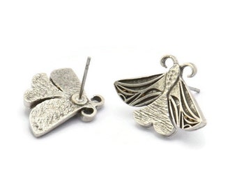 Silver Butterfly Earring, 2 Antique Silver Plated Brass Butterfly Stud Earrings (15x22x2mm) N1741