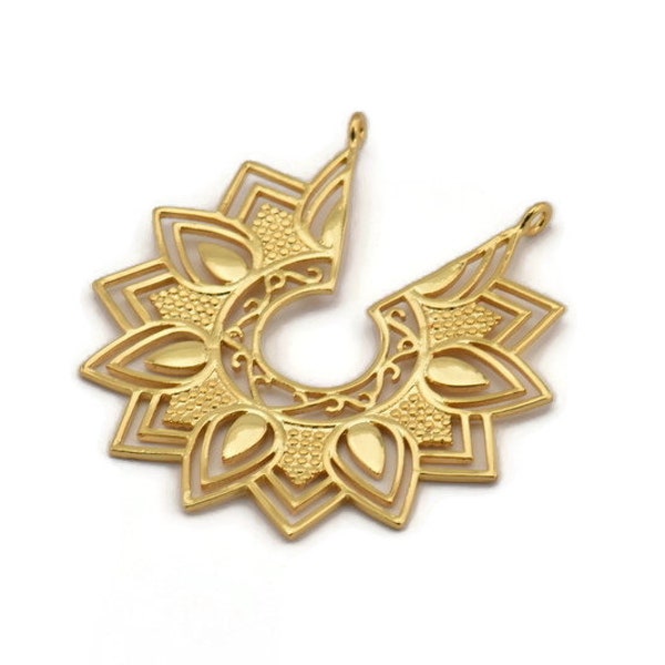 Gold Ethnic Pendant , Gold Plated Brass Ethnic Motif Pendant With 2 Loops, Findings, Earrings, Charms (43x46mm) N0875