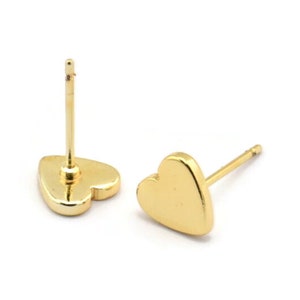 Gold Heart Earring, 6 Gold Plated Brass Heart Stud Earrings (8mm) D1459