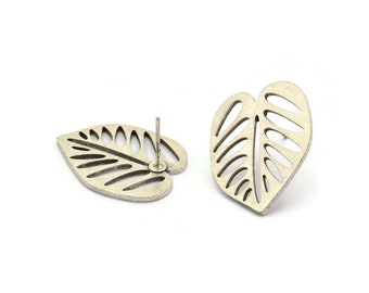 Silver Leaf Earring, 4 Antique Silver Plated Brass Leaf Stud Earrings, Findings (24x19x1mm) A3695 Q0423