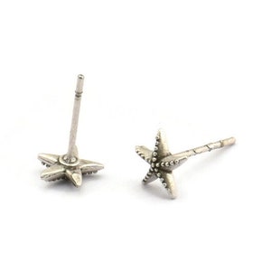 Silver Starfish Earring, 12 Antique Silver Plated Brass Starfish Stud Earrings (7mm) N1176