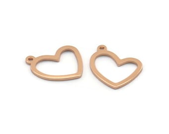 Rose Gold Heart Charm, 6 Rose Gold Plated Brass Heart Charms With 1 Loop (16x14x1mm) M950