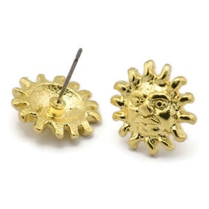 Brass Sun Earring, 4 Raw Brass Sun Stud Earrings (15mm) N1523