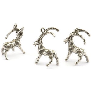 Berloque de cabra de prata, 4 brincos de pingente de cabra da montanha de latão banhado a prata antigo com 1 argola, pingentes, achados (17 x 20 mm) N0999