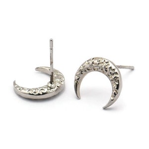 Silver Moon Earring, 4 Silver Tone Brass Textured Horn Stud Earrings, Jewelry Finding (12x3.50x3mm) N0303 A1193