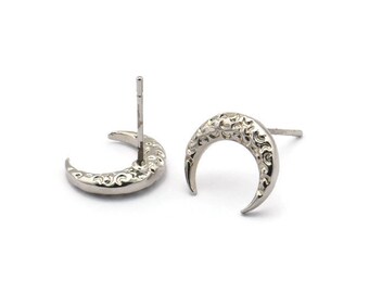 Silver Moon Earring, 4 Silver Tone Brass Textured Horn Stud Earrings, Jewelry Finding (12x3.50x3mm) N0303 A1193