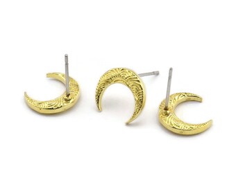 Brass Moon Earring, 8 Raw Brass Crescent Moon Stud Earrings