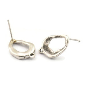 Silver Earring Post, 4 Antique Silver Plated Brass Drop Earring Posts With 1 Loop (16x11mm) D1307
