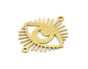 Brass Eye Charm, 12 Raw Brass Crescent Moon Patterned Eye Shaped Charms With 2 Loops, Connectors (26x22x0.60mm) A3488