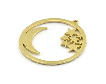 Brass Moon Charm, Raw Brass Moon And Star Charms With 1 Loop (36x34x1.5mm) N1346